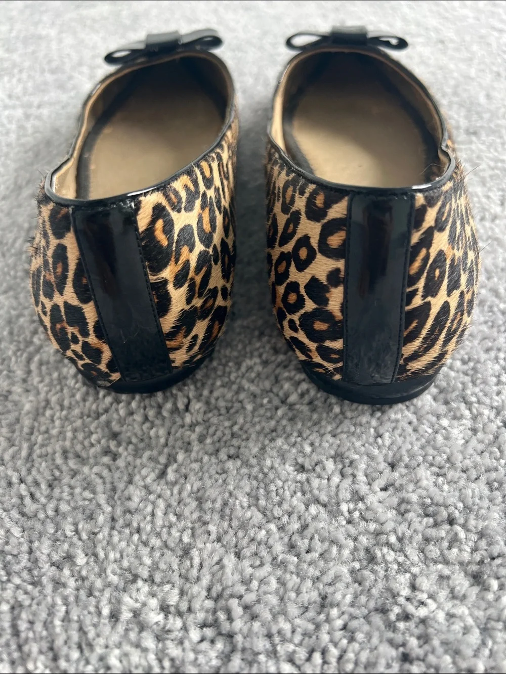 me too Leopard-Print Pointed Flats with Black Patent Bow